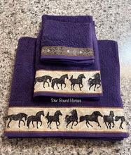 Load image into Gallery viewer, Bathroom Towel Set - Purple Towels with Horses
