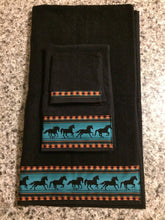 Load image into Gallery viewer, Bathroom Towel Set  - Black Towels with Teal Horses
