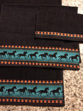 Load image into Gallery viewer, Bathroom Towel Set  - Black Towels with Teal Horses
