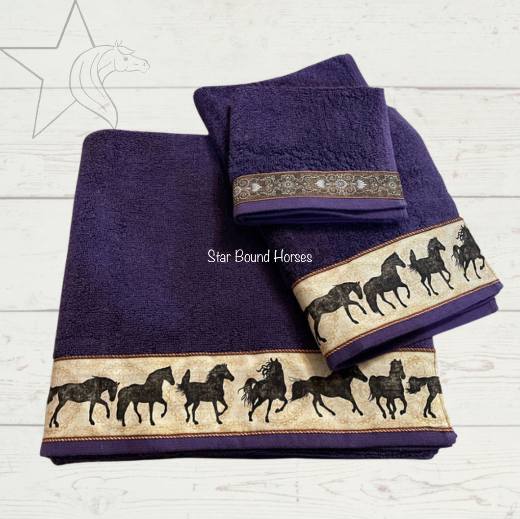 Bathroom Towel Set - Purple Towels with Horses