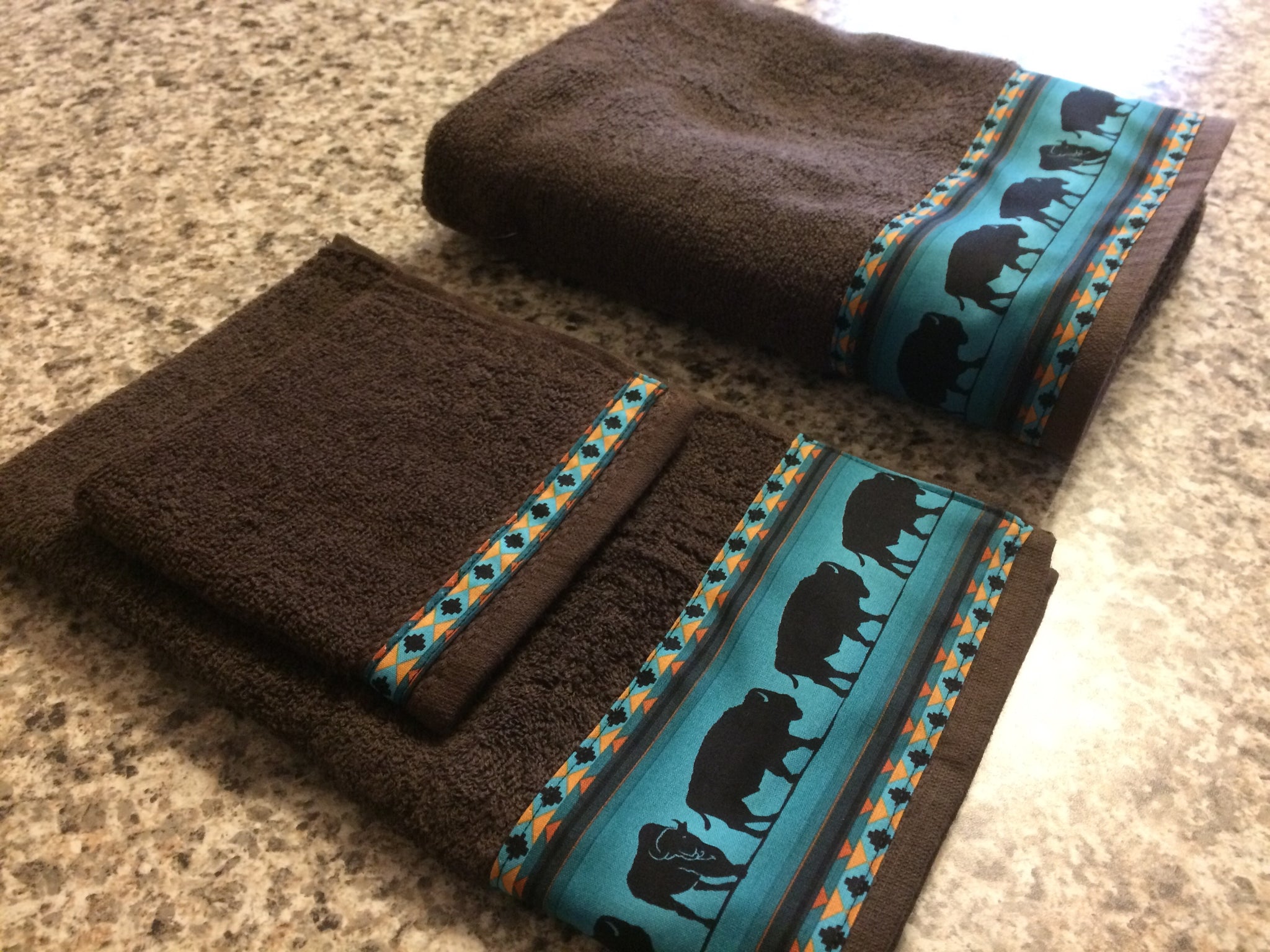 Bathroom Towel Set Brown Towels with Teal Bison