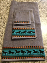 Load image into Gallery viewer, Bathroom Towel Set - Charcoal Grey with Teal Horses
