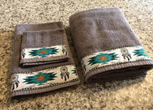 Load image into Gallery viewer, Bathroom Towel Set - Charcoal Grey with Teal Dreamcatchers
