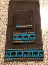 Load image into Gallery viewer, Bathroom Towel Set - Brown Towels with Teal Bison
