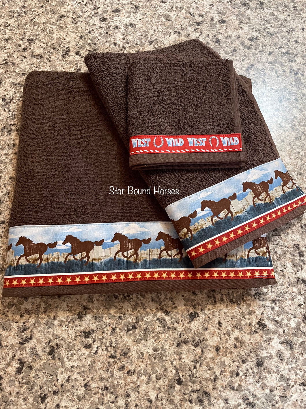 Bathroom Towel Set  - Brown Towels with Running Horses