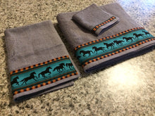Load image into Gallery viewer, Bathroom Towel Set - Charcoal Grey with Teal Horses

