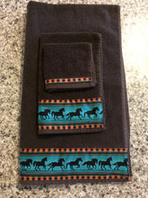 Load image into Gallery viewer, Bathroom Towel Set - Brown Towels with Teal Horses

